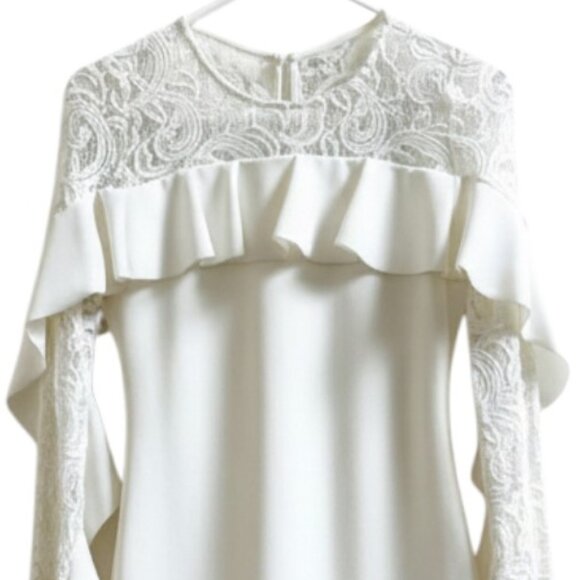 Betsy & Adam White Lace Ruffle Sheath Dress 2 Bridal Cocktail Wedding Guest - Picture 6 of 9